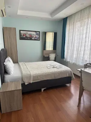 a bedroom with a bed and a desk in it at Birinci Apart Hotel in Istanbul
