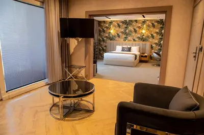 a living room with a bed and a couch and a table at Mateo in Istanbul