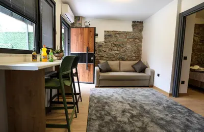 a kitchen and living room with a table and a couch at Mia Mia Suites in Istanbul