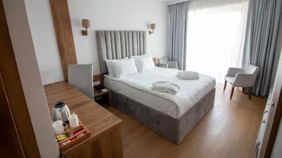a hotel room with a bed and a desk and a bed sidx sidx sidx sidx at Business Life Hotel Güneşli in Istanbul
