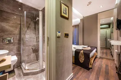 a bathroom with a shower and a bed in a room at Golden Gate Hotel Topkapı in Istanbul