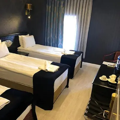 a hotel room with two beds and a window at Golden Gate Hotel Topkapı in Istanbul