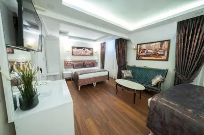 a large living room with a couch and a bed at Solomon's Mansion Hotel Istanbul in Istanbul