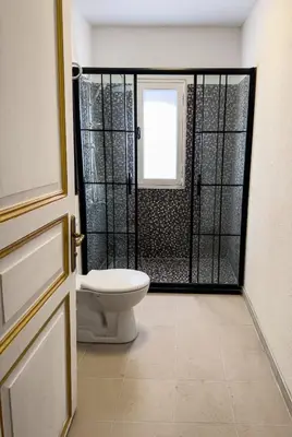 a bathroom with a toilet and a shower with a window at Laden Palas Prince's Island Historical Mansion in Adalar