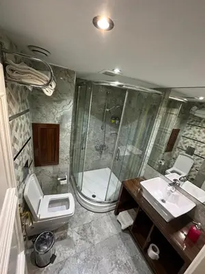 a bathroom with a shower and a toilet and a sink at Sahra Airport Hotel in Istanbul