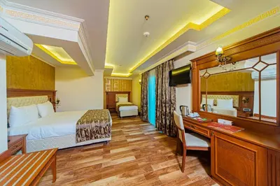 a hotel room with a bed and a desk at Lausos Palace Hotel Şişli in Istanbul