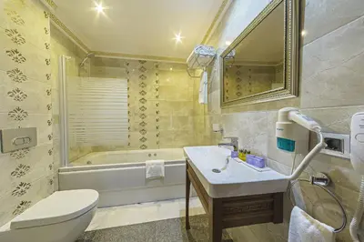 a bathroom with a sink and a toilet and a tub at Lausos Palace Hotel Şişli in Istanbul