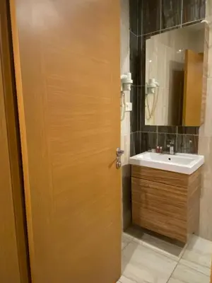 a bathroom with a sink and a wooden door at Riverland Suites Apart Hotel in Istanbul