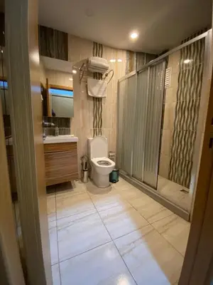 a bathroom with a toilet and a shower at Riverland Suites Apart Hotel in Istanbul