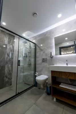 a bathroom with a shower and a toilet and a sink at Meros Hotel in Istanbul