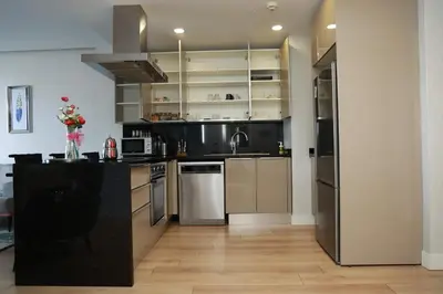 a kitchen with a black and stainless steel appliances at Lovely One Plus One BDROOM-836 in Istanbul