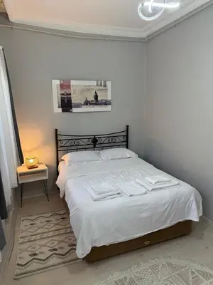 a bedroom with a large bed with a white comforter at Güneş House in Istanbul