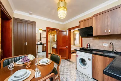 a kitchen with a table and a dishwasher at Brown Mansion Oldcity in Istanbul