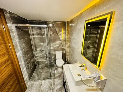 a bathroom with a shower and a sink and a toilet at Nice Royal Cıty in Istanbul