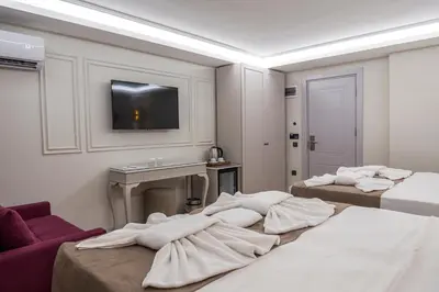 a room with two beds and a tv on a wall at Pera Luna Premium Hotel in Istanbul