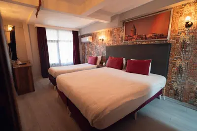 a hotel room with two beds with red pillows at Galata Greenland Hotel in Istanbul