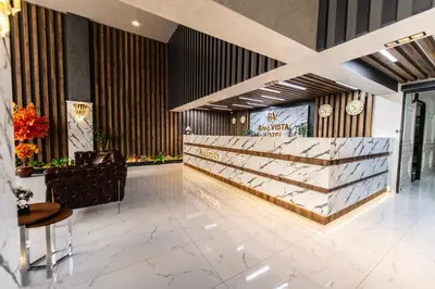 a lobby with a marble counter and a table at Blue Vista Houses & Spa in Esenyurt