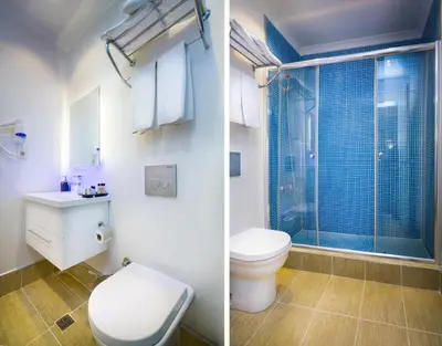 two pictures of a bathroom with a toilet and a sink at Fatih Hotel Corner in Istanbul