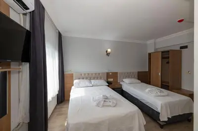 a room with two beds and a flat screen tv at Metro Hotel in Istanbul
