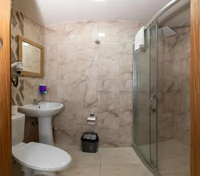 a bathroom with a shower and a toilet and a sink at Metro Hotel in Istanbul