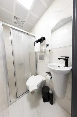 a bathroom with a shower and a toilet and a sink at Aya Langa Guest House in Istanbul