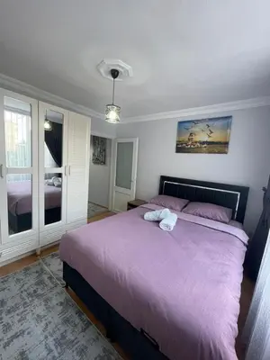 a bedroom with a large bed with purple sheets at Orbital Travel House 1 in Istanbul