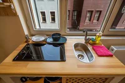 a kitchen with a sink and a stove and a window at Emir Hotel in Istanbul