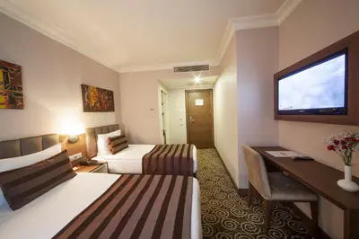 a hotel room with two beds and a flat screen tv at Delta Hotel Istanbul & Old City in Istanbul