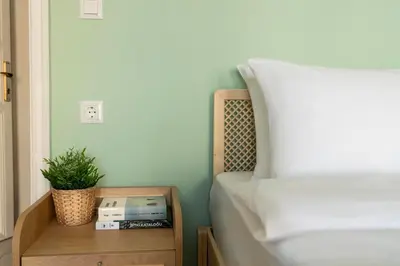 a bedroom with a bed and a night stand with a plant at Atlas Han Hotel in Istanbul