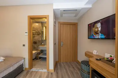 a room with a tv on a wall with a bed at Hotel Ravi in Istanbul