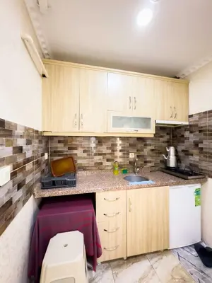 a small kitchen with wooden cabinets and a sink at Öz Dünya Suites Apartment in Istanbul