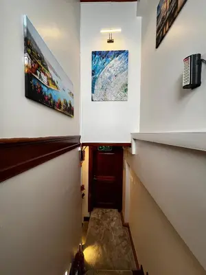 a hallway with two paintings on the walls and a staircase at Lily Mansion in Istanbul