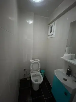 a small bathroom with a toilet and a sink at Large apartment with a balcony in central Kadıköy in Istanbul
