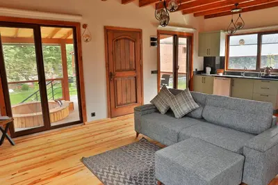 a living room with a couch and a kitchen at Lal Hayal Konakları in Sakarya