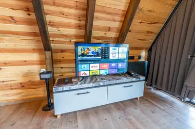 a video game console in a room with wooden walls at Aronia Bungalow in Elmalık