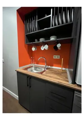 a kitchen with a sink and a red wall at Cosy flat with a garden in central Kadikoy in Istanbul