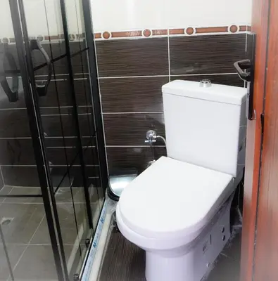 a white toilet in a bathroom with a shower at Family apartment in Istanbul