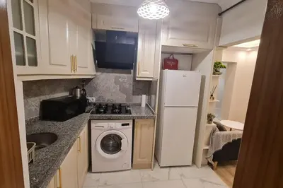 a kitchen with a white refrigerator and a washing machine at Cozy 2 bedroom near Green Mosque in Yıldırım
