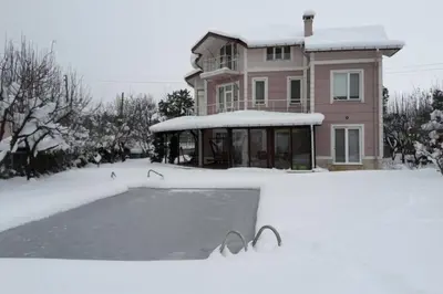 a house in the snow with a pond in front of it at Villa Elysium in Gebze