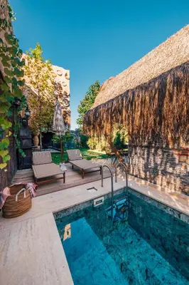 a swimming pool next to a house with a thatch roof at Feronia Suites in Masukiye