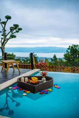 a swimming pool with a tray of food on top of it at Mjoraste Sapanca Boutique Villas in Sapanca