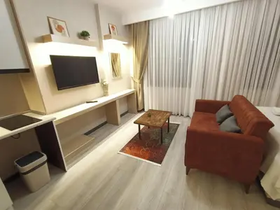 a living room with a couch and a television at NEW FALCON Palas OTEL in Istanbul