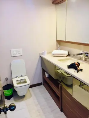 a bathroom with a toilet and a sink and a mirror at NEW FALCON Palas OTEL in Istanbul