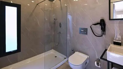 a bathroom with a shower and a toilet and a sink at Velour Hotel Spa Restaurant in Sakarya
