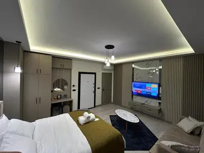 a bedroom with a large bed and a flat screen tv at Palma Suites in Istanbul