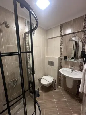a bathroom with a shower and a toilet and a sink at Bella Otel Mudanya in Mudanya