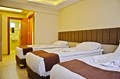 a hotel room with three beds in a room at Yesilirmak Aparts in Istanbul
