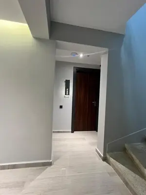 a hallway with a brown door and a floor at Golden Stoneluxe İstanbul Hotel in Istanbul