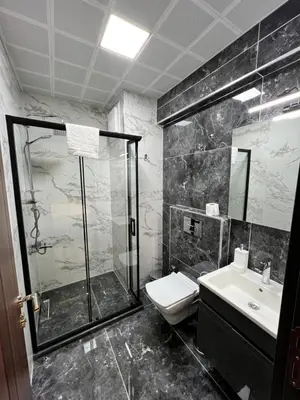 a bathroom with a shower and a toilet and a sink at Golden Stoneluxe İstanbul Hotel in Istanbul