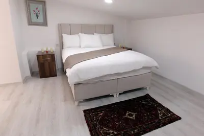 a bedroom with a large bed and a rug at Pera Apart in Istanbul